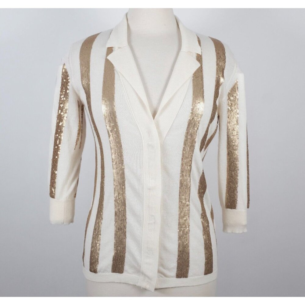 L'Wren Scott cashmere sweater cardigan sz S cream gold sequin striped